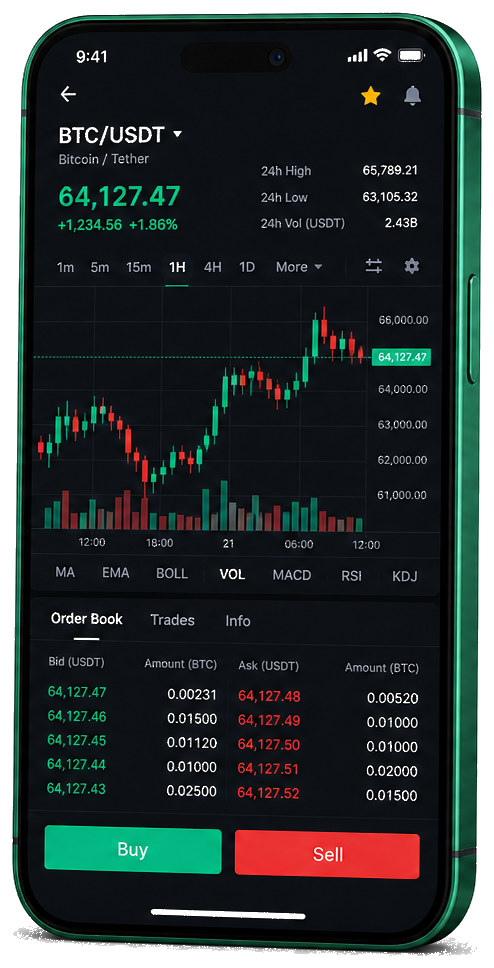 Interface mobile de trading Vectnova AI — prix BTC/USDT en direct, carnet d’ordres et outils de suivi des opérations